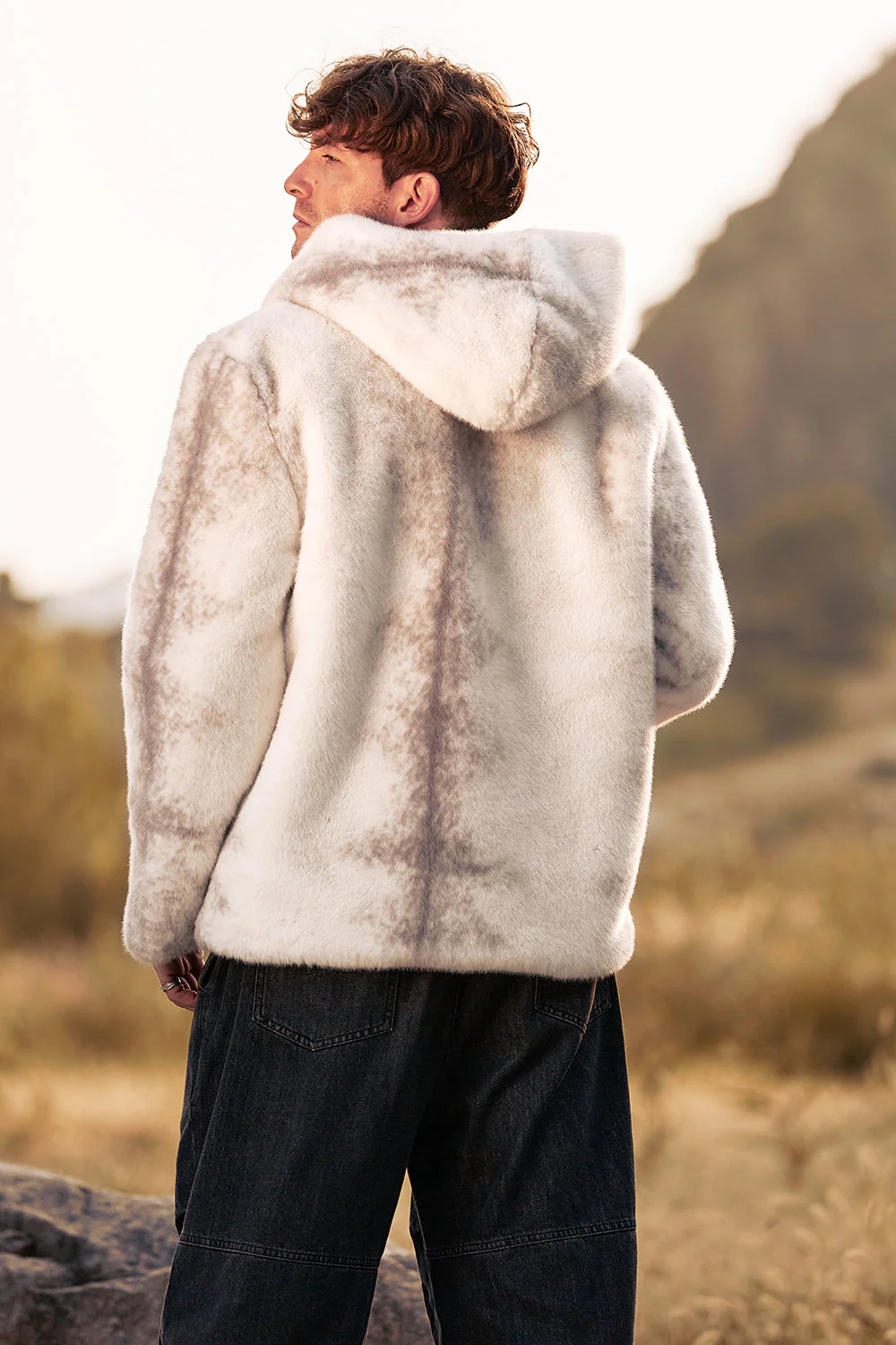 Ivoire fausse fourrure zippé à capuche à manches longues Manteau d’hiver pour homme - Image 2