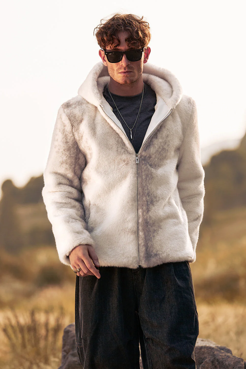 Ivoire fausse fourrure zippé à capuche à manches longues Manteau d’hiver pour homme - Image 3