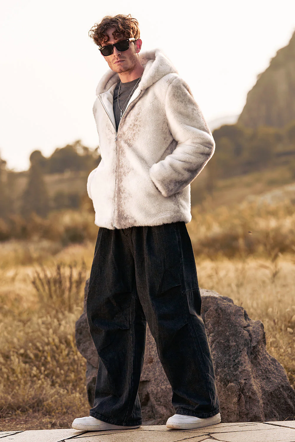 Ivoire fausse fourrure zippé à capuche à manches longues Manteau d’hiver pour homme - Image 4