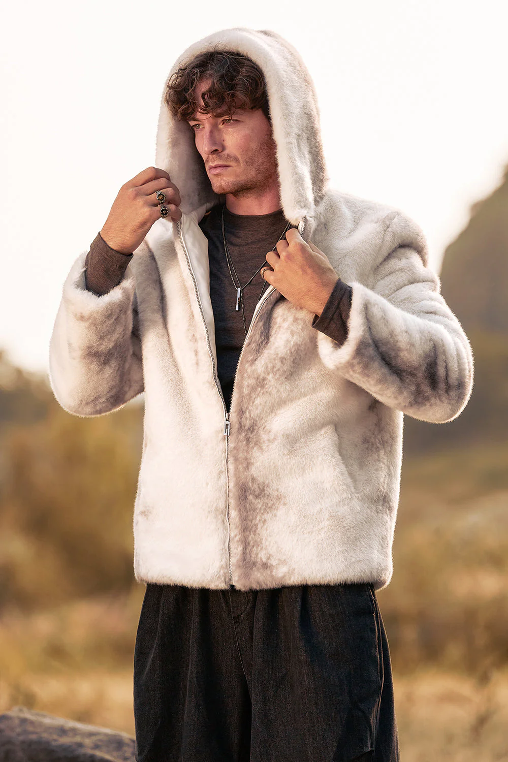 Ivoire fausse fourrure zippé à capuche à manches longues Manteau d’hiver pour homme - Image 5