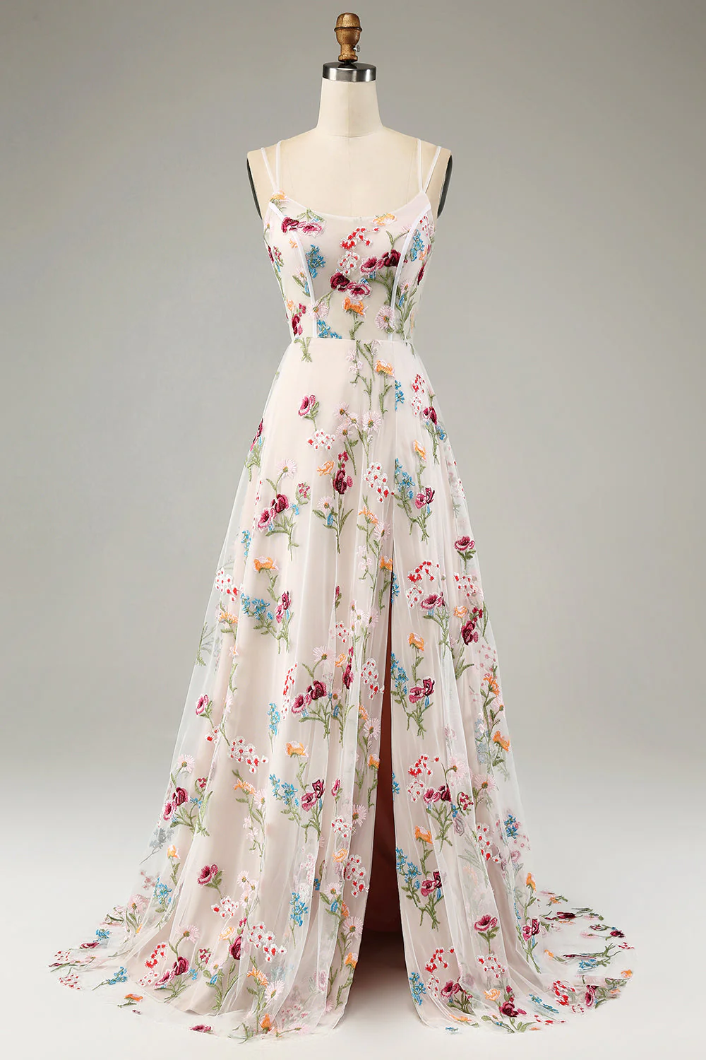 Robe de soiréel longue bustier ivoire à bretelles fines ligne A fleurie avec fente
