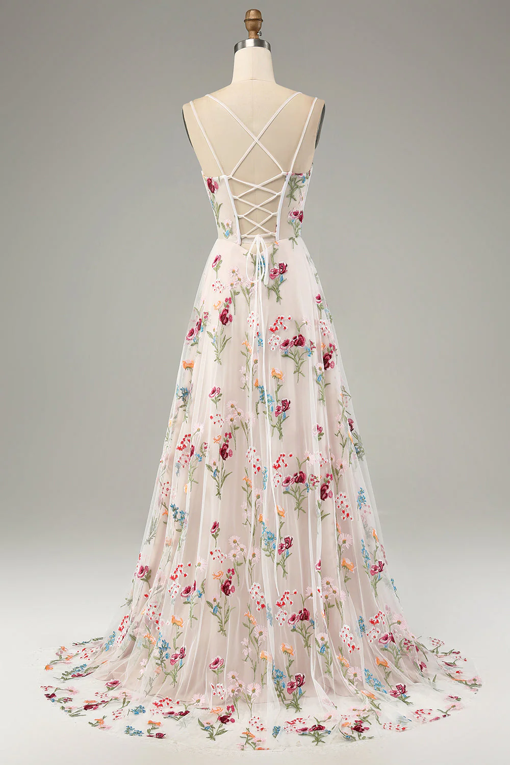 Robe de soiréel longue bustier ivoire à bretelles fines ligne A fleurie avec fente - Image 2