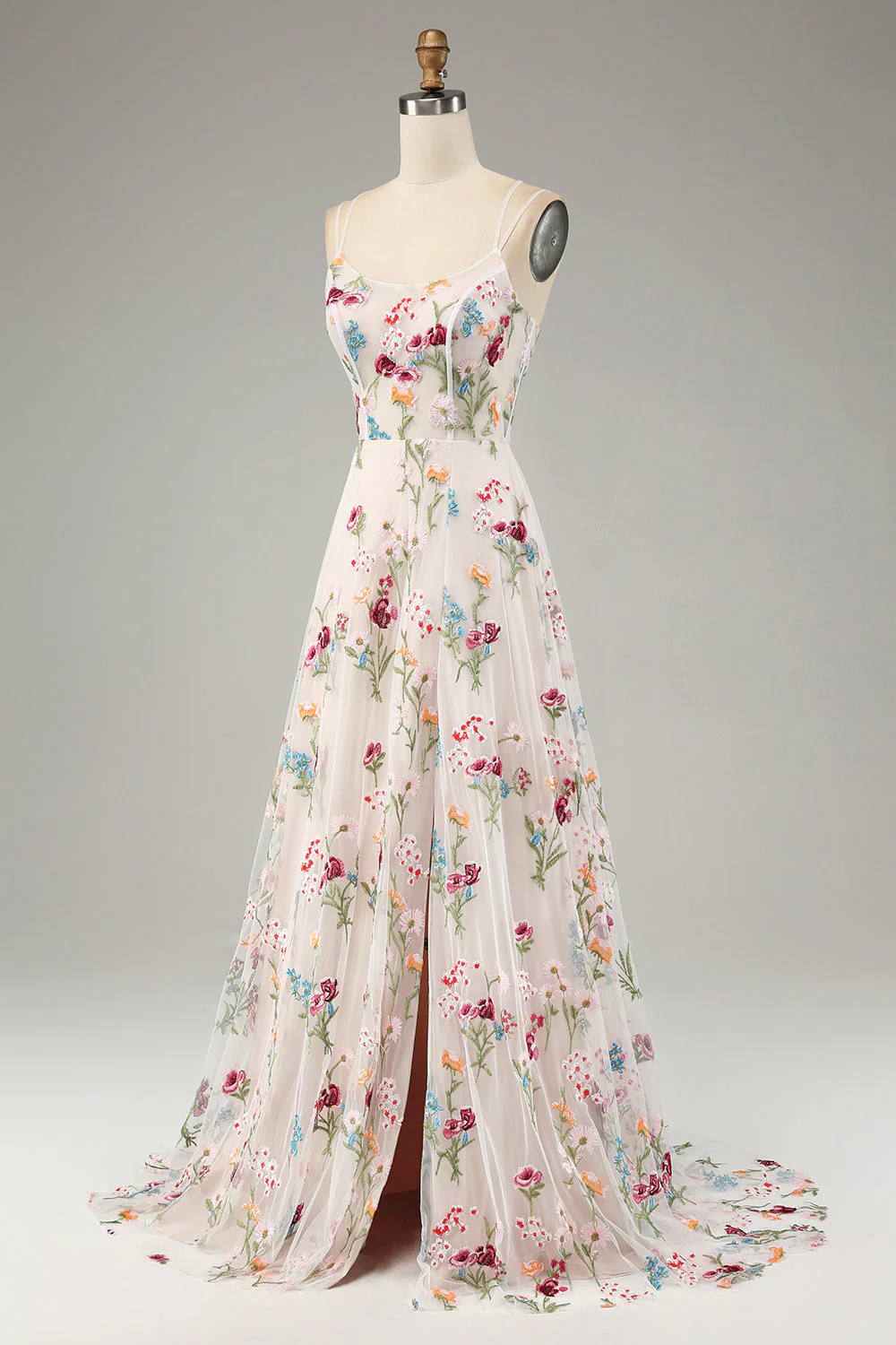 Robe de soiréel longue bustier ivoire à bretelles fines ligne A fleurie avec fente - Image 3