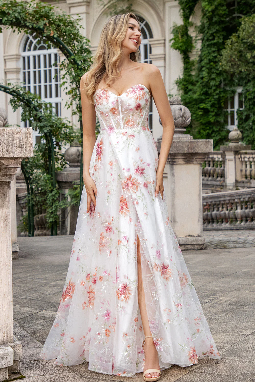 Ivoire Fleur A Ligne Sweetheart Brodé Corset Longue Robe De Soirée Avec Fente - Image 4