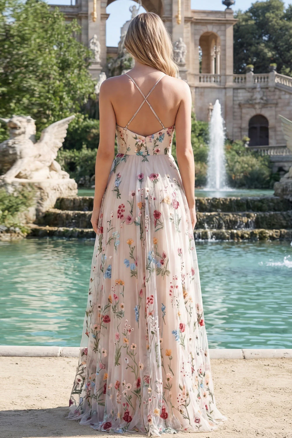 Robe de soirée longue ivoire ligne A bretelles fines imprimé floral avec fente - Image 2