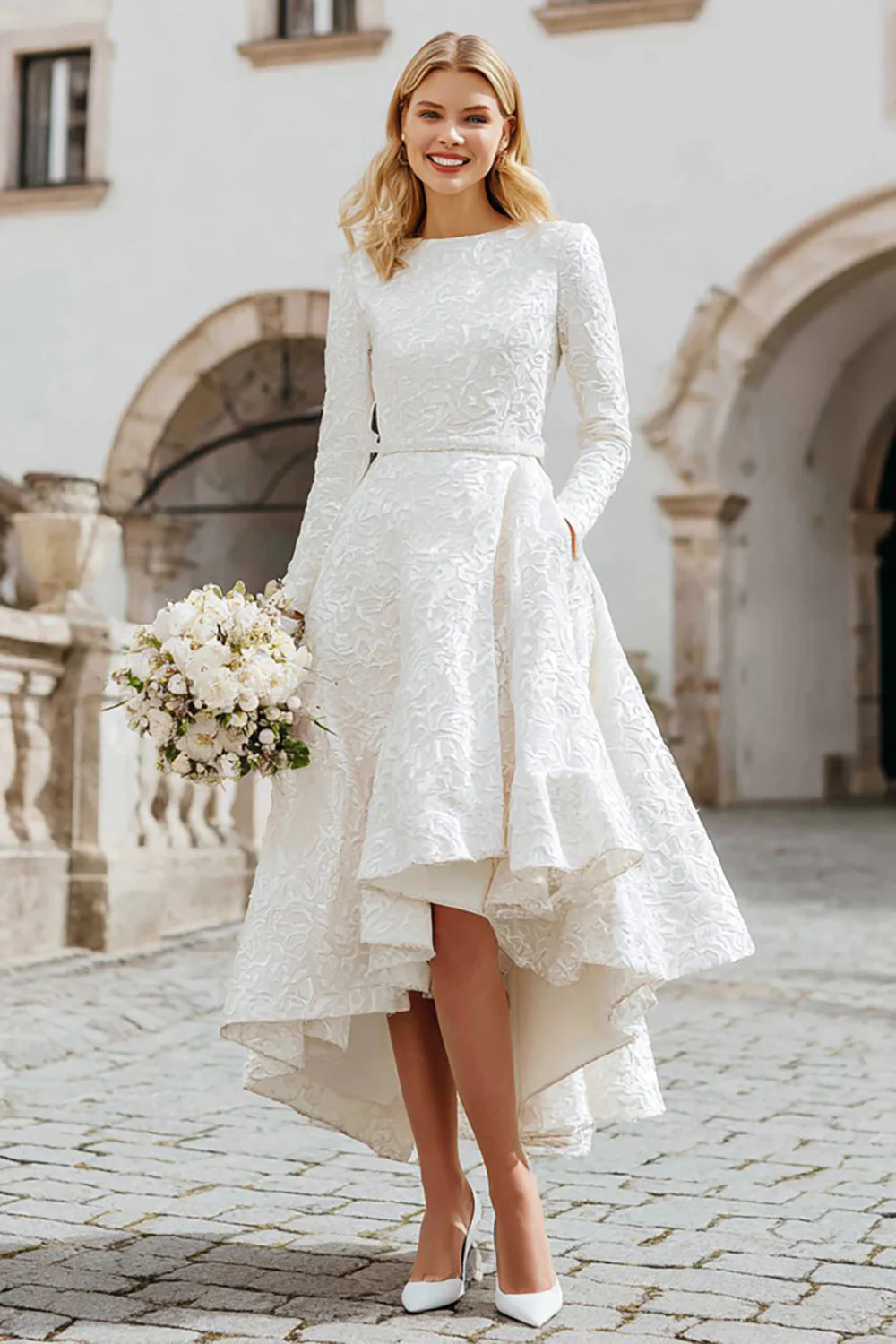 Ivoire Jacquard col bateau Une ligne Bureau d’enregistrement Robe de mariée