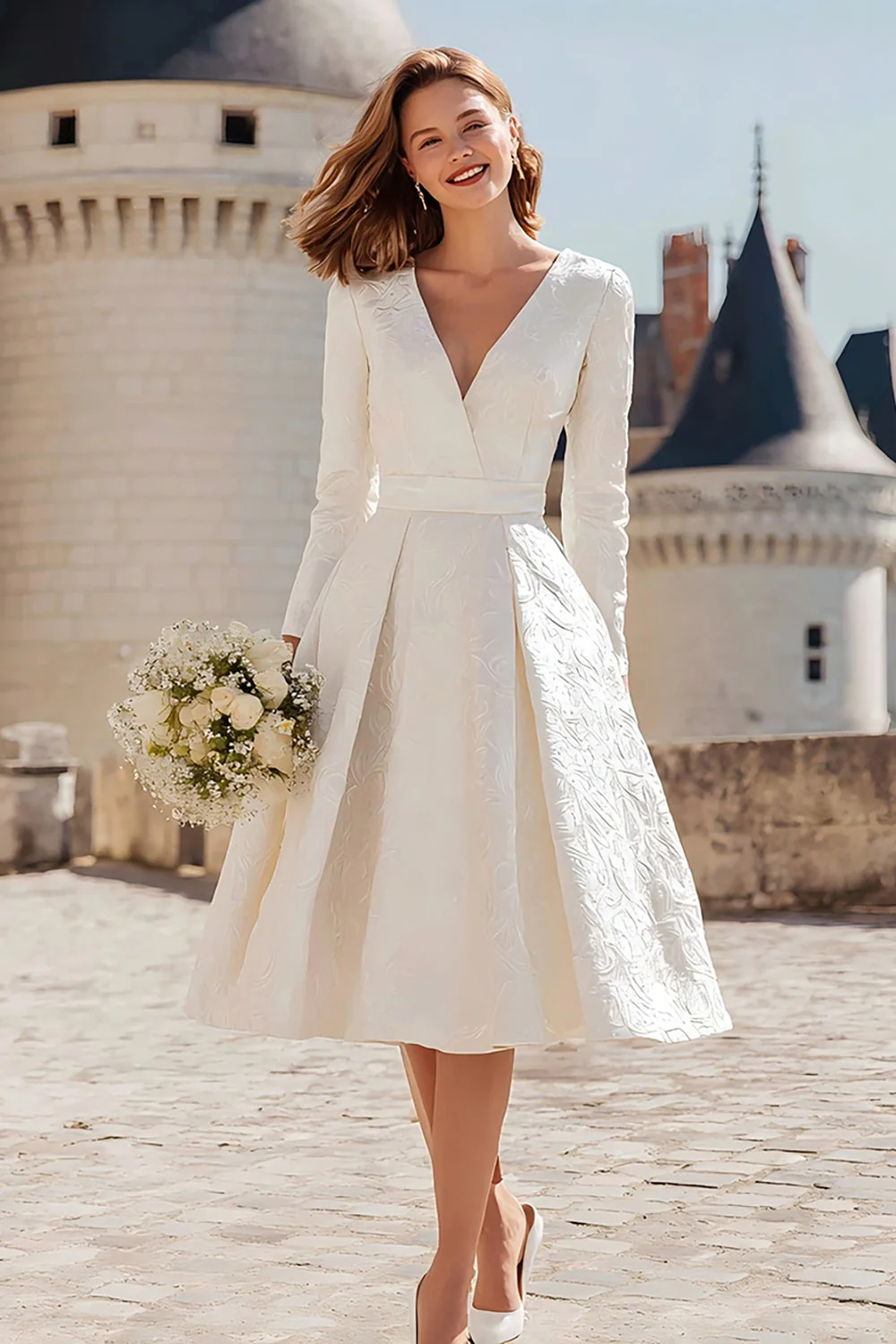 Robe de cérémonie d'état civil midi ivoire col V ligne A
