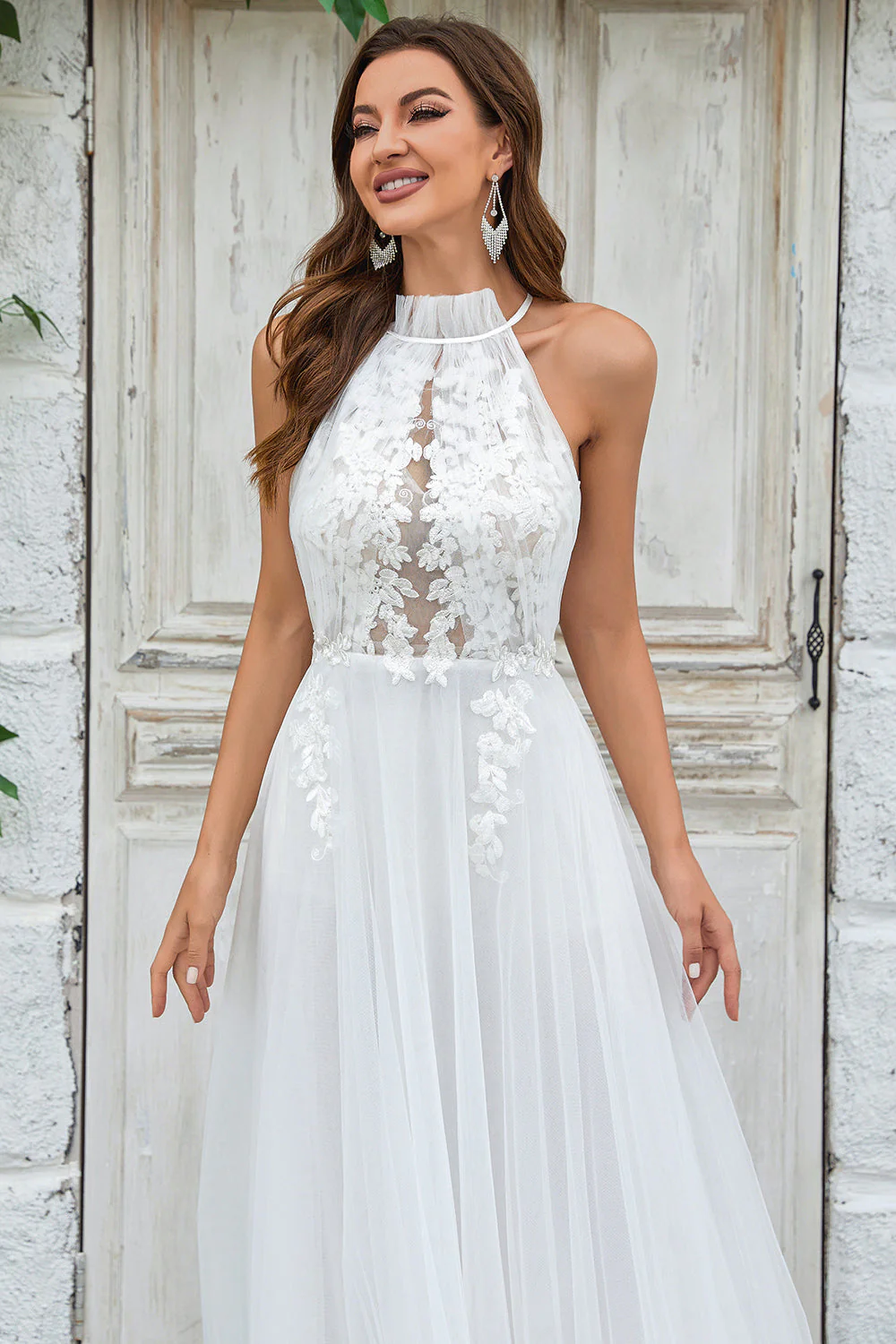 Train de balayage en tulle dos ouvert ivoire Robe de mariée avec dentelle - Image 4