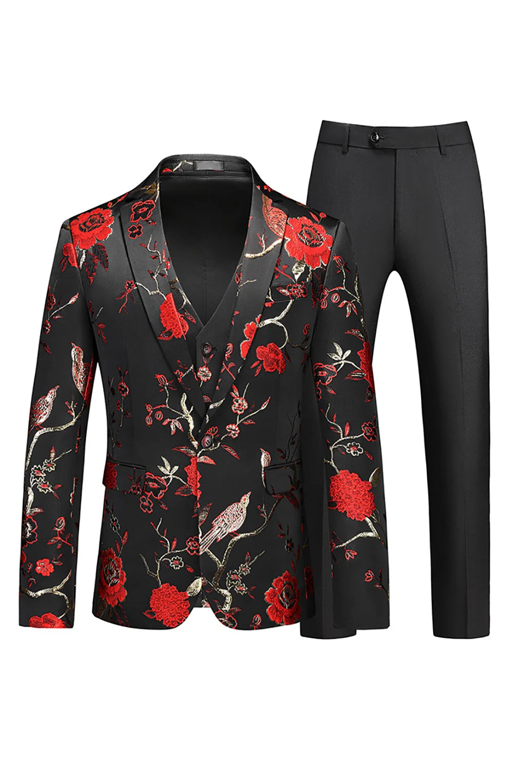 Jacquard rouge 3 pièces pour hommes Revers cranté Parti Costume