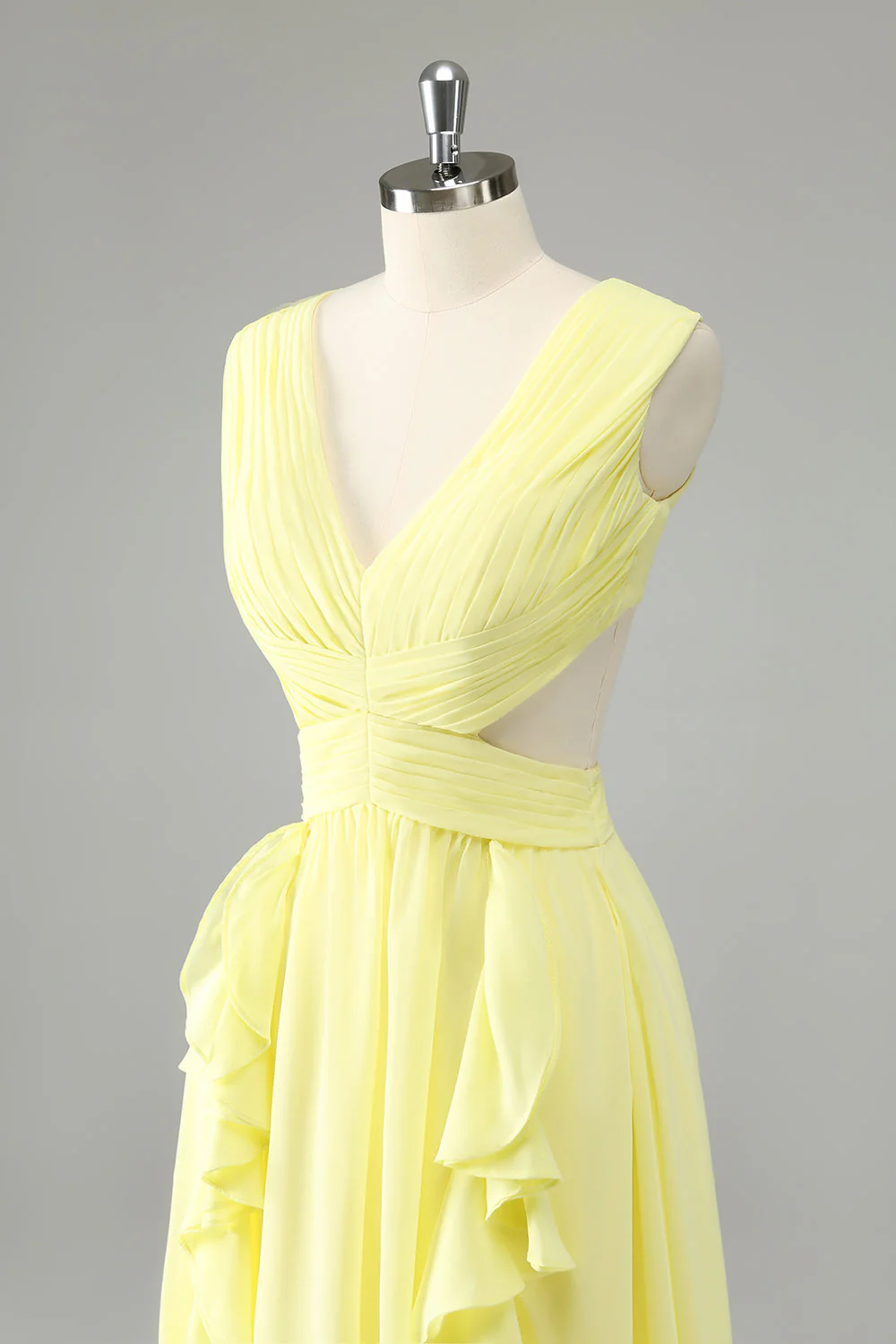 Jaune citron Une ligne découpée longue robe de demoiselle d’honneur avec volants - Image 6