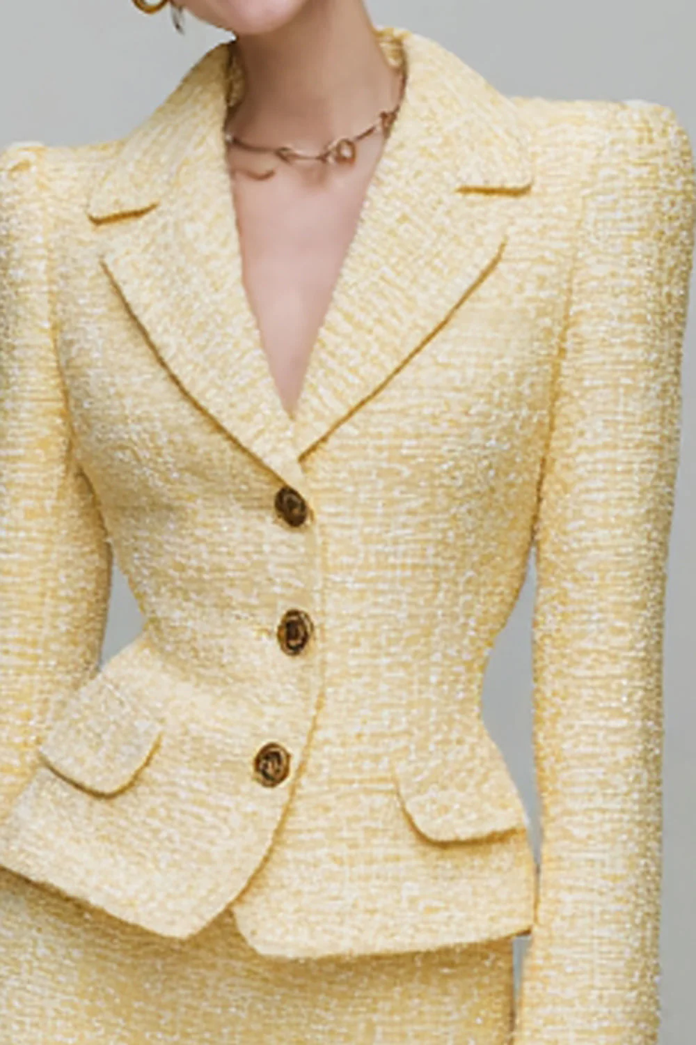 Jaune clair 2 pièces revers crantés crayon tweed robe blazer courte avec manches - Image 2