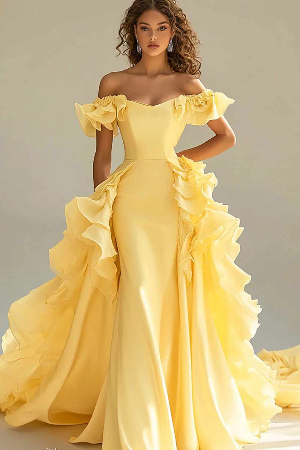 Robe de bal sirène jaune en satin à épaule dénudée et volants