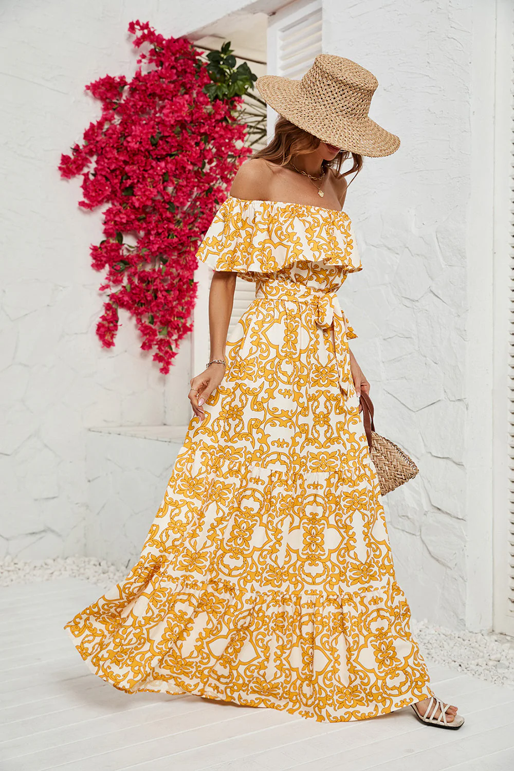 Jaune imprimé sur la robe d’été longue épaule - Image 3