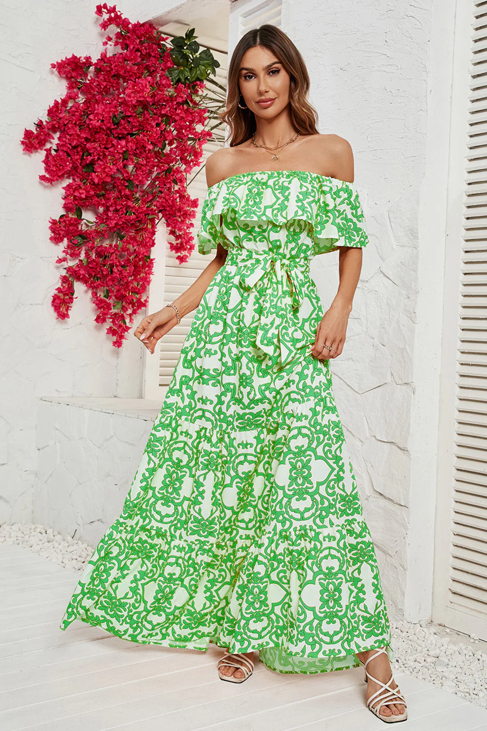 Jaune imprimé sur la robe d’été longue épaule - Image 5