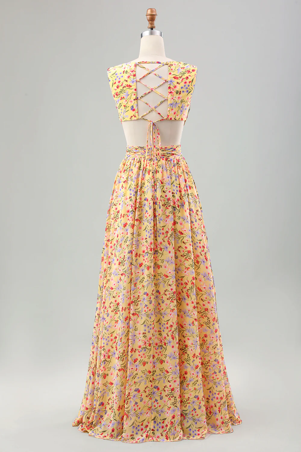 Jaune Petite Fleur Une Ligne Col V Plissé Volants Robe D’invitée De Mariage - Image 2