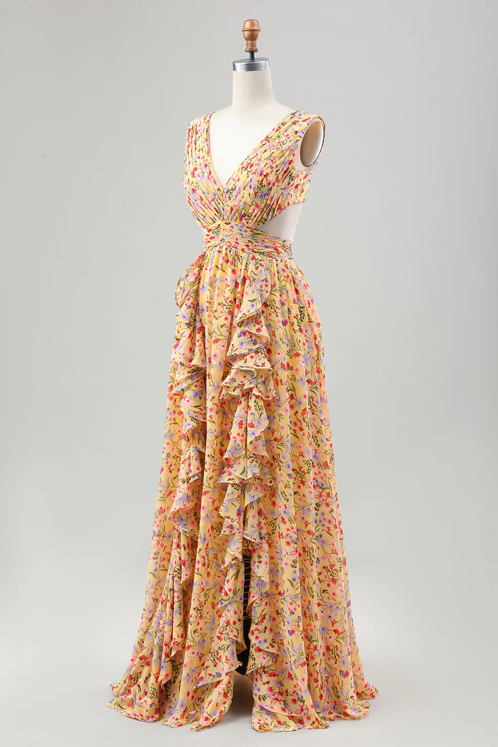 Jaune Petite Fleur Une Ligne Col V Plissé Volants Robe D’invitée De Mariage - Image 3