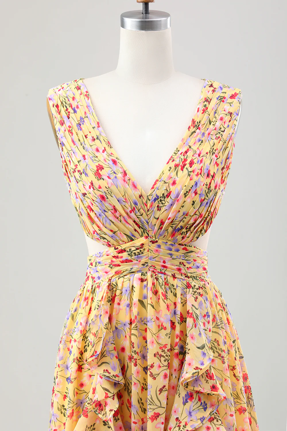 Jaune Petite Fleur Une Ligne Col V Plissé Volants Robe D’invitée De Mariage - Image 4