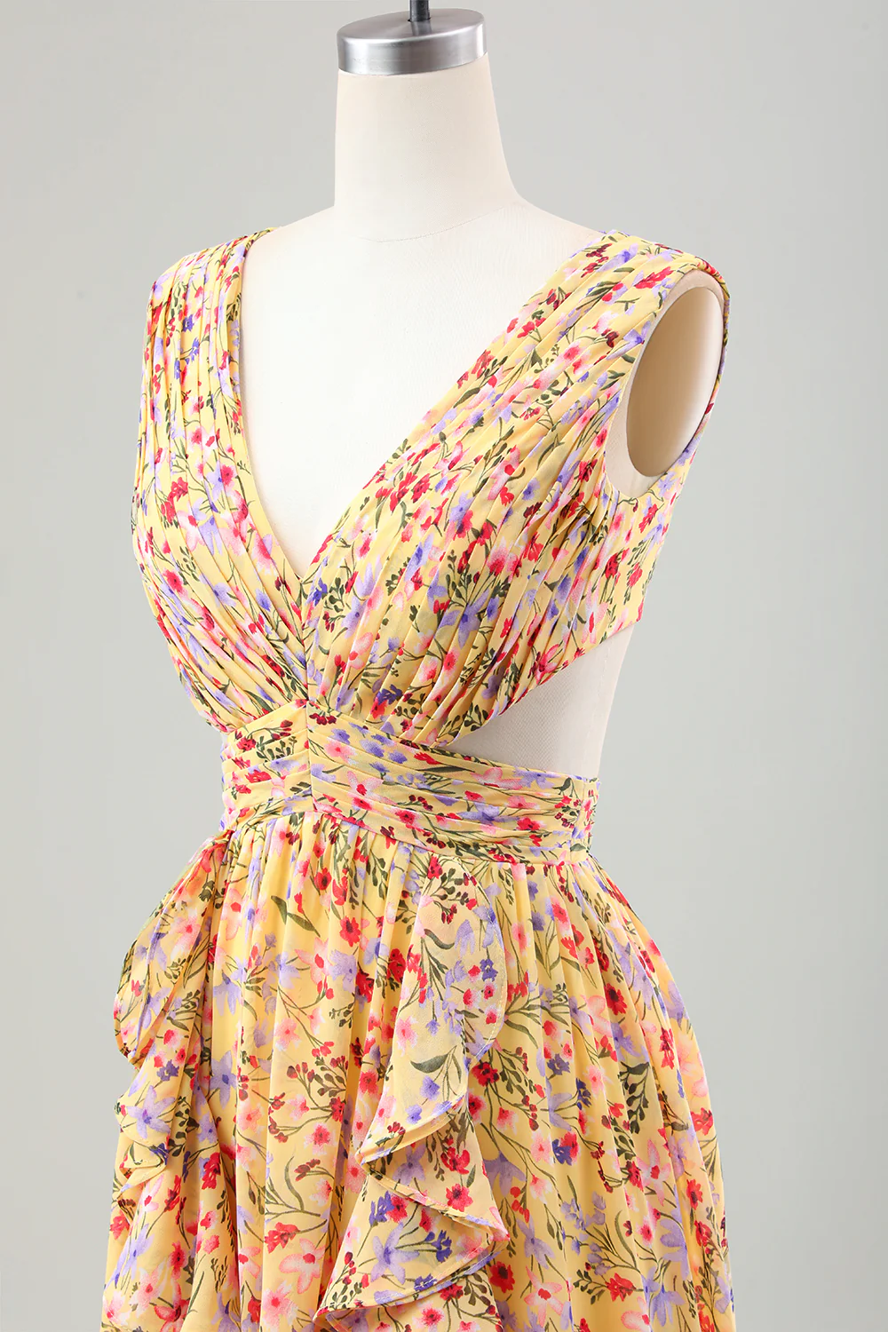 Jaune Petite Fleur Une Ligne Col V Plissé Volants Robe D’invitée De Mariage - Image 6