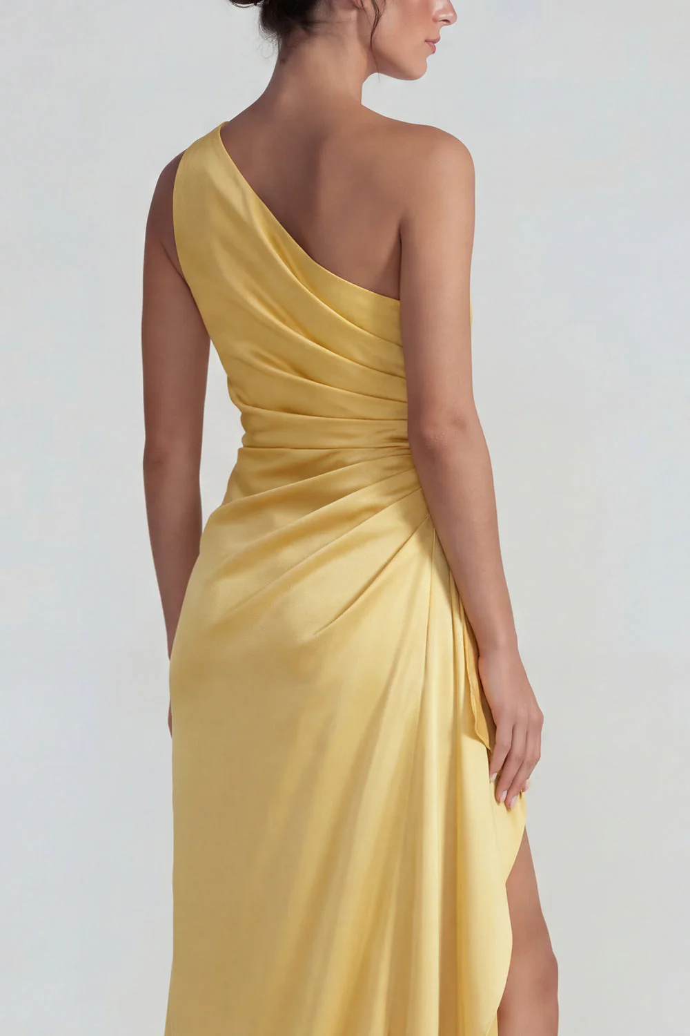Jaune, une épaule, satin froncé à volants, fourreau long, robe formelle longue avec fente - Image 4