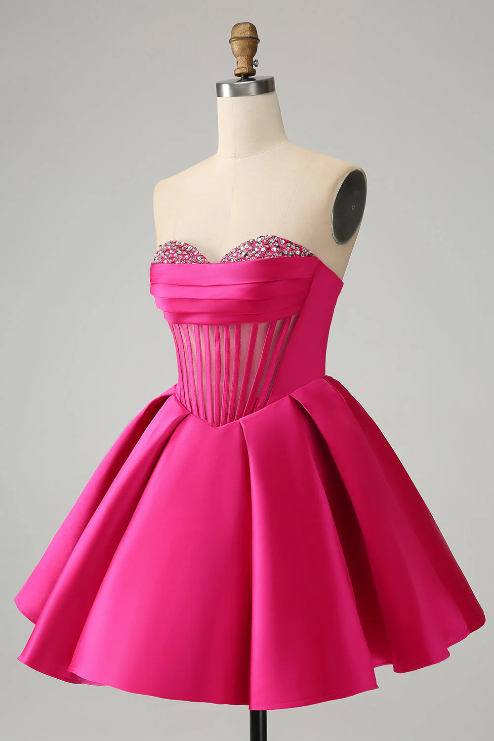 Jolie robe de bal corset en cœur fuchsia a ligne avec perles - Image 3