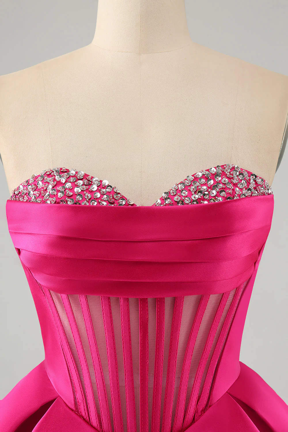 Jolie robe de bal corset en cœur fuchsia a ligne avec perles - Image 7