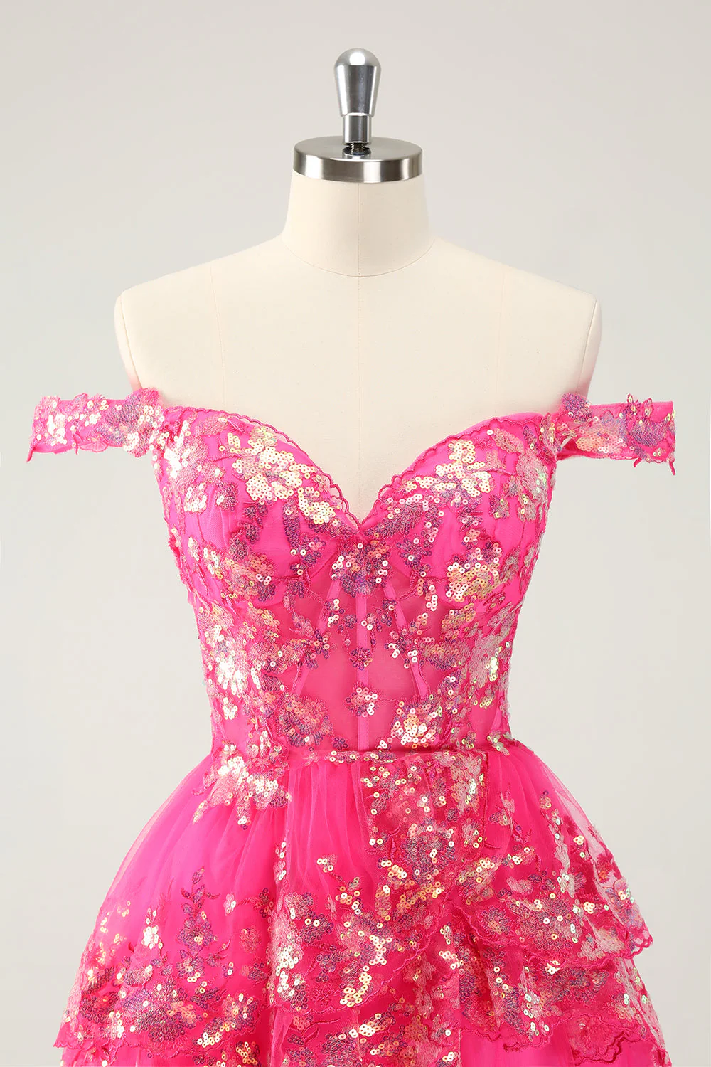 Jolie robe de cocktail courte en dentelle rose vif scintillante avec corset en dentelle - Image 4