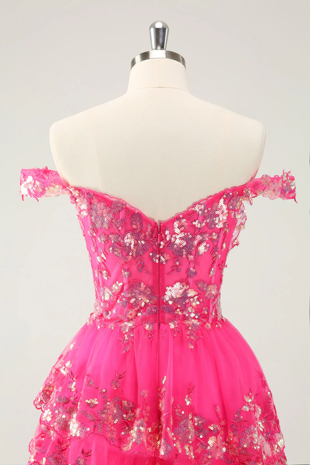Jolie robe de cocktail courte en dentelle rose vif scintillante avec corset en dentelle - Image 5