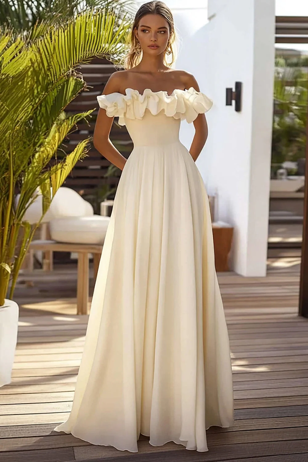 Robe d'invitée de mariage longue jonquille en mousseline de soie à épaule dénudée et volants