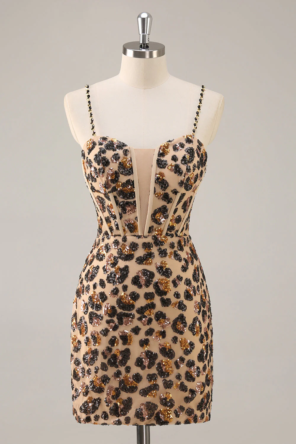 Kahki Léopard Corset Robe de cocktail moulante avec paillettes - Image 3