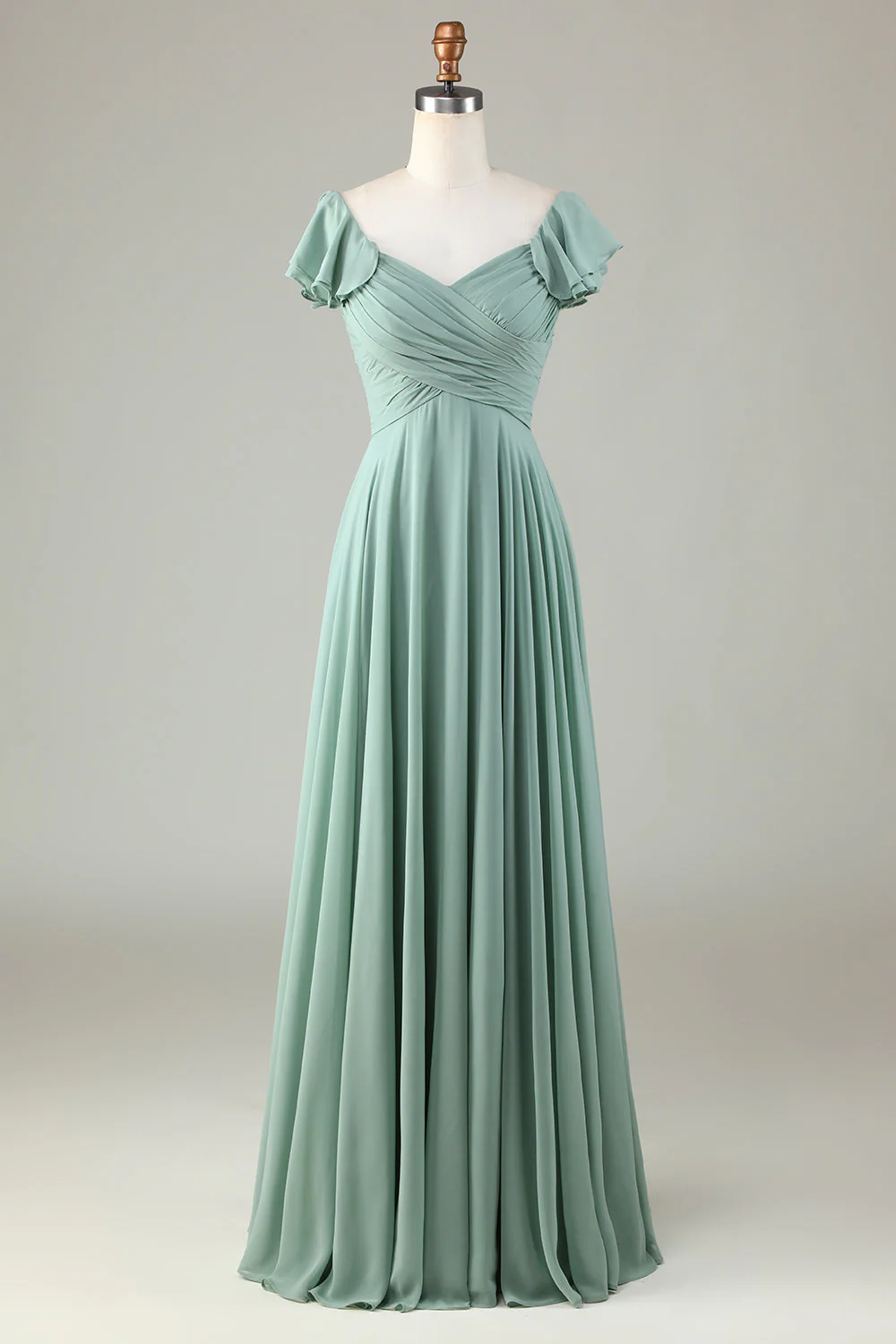 Lacets au dos une ligne en mousseline de soie Robe de demoiselle d’honneur verte avec volants - Image 3