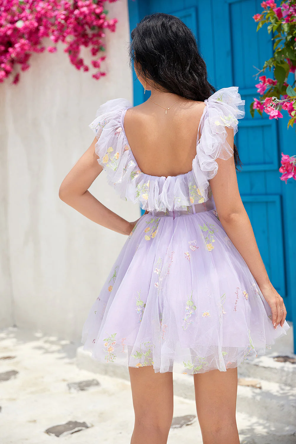 Lavande Hors de l'épaule Ruffles Tulle Cocktail Robe avec broderie - Image 2