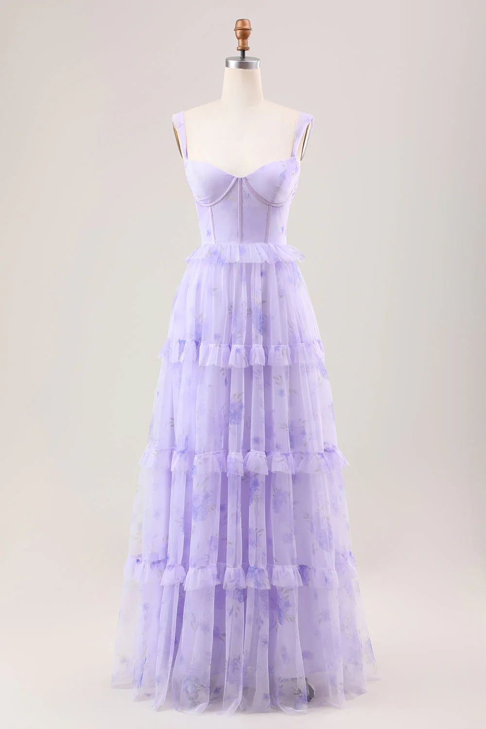 Lavande Une Ligne Corset Spaghetti Bretelles Floral Niveaux Longue Robe De Demoiselle D’honneur