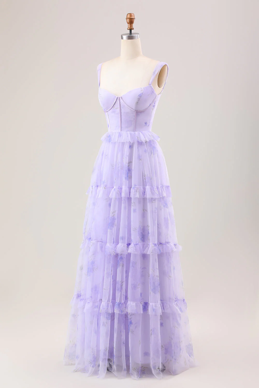 Lavande Une Ligne Corset Spaghetti Bretelles Floral Niveaux Longue Robe De Demoiselle D’honneur - Image 2