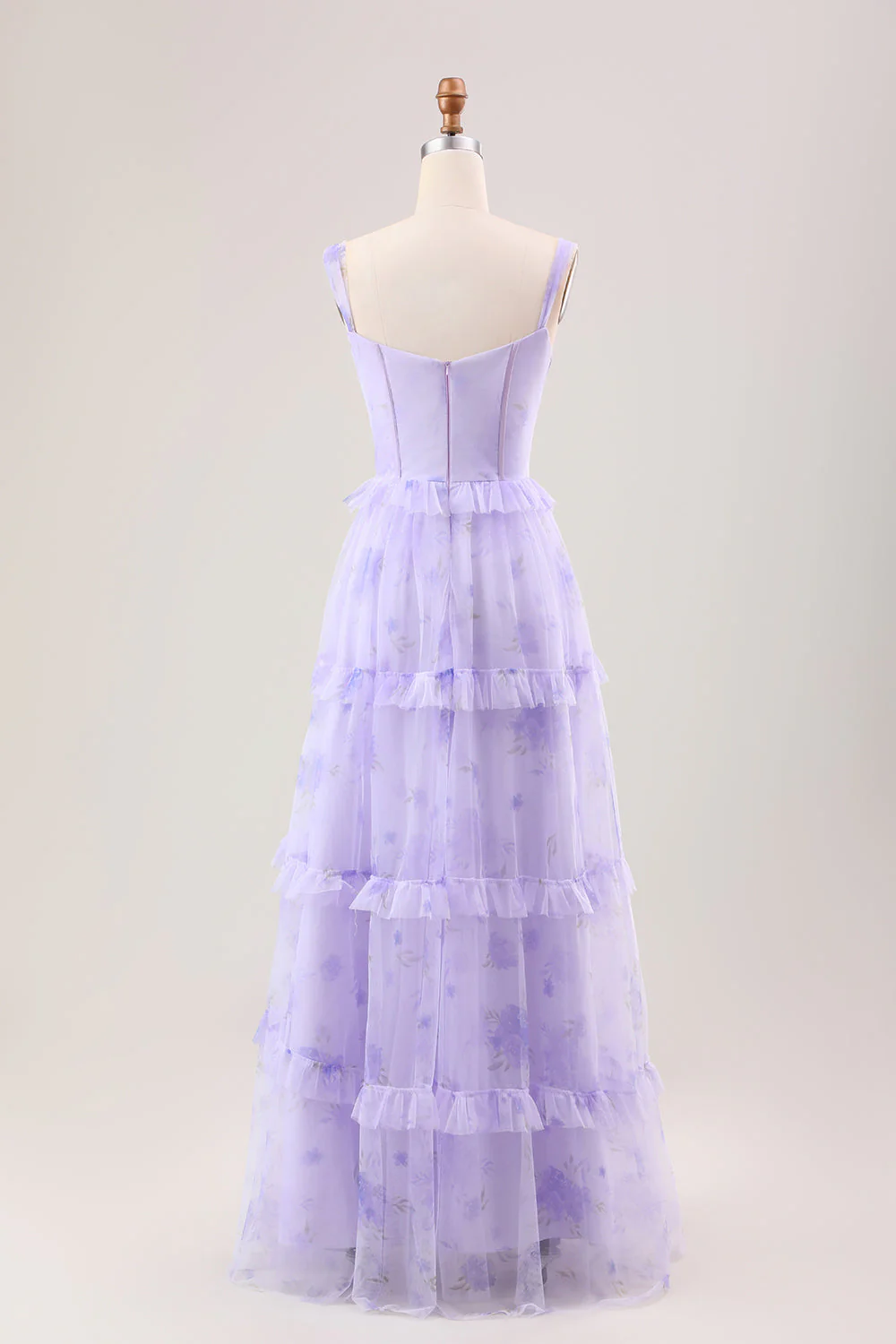 Lavande Une Ligne Corset Spaghetti Bretelles Floral Niveaux Longue Robe De Demoiselle D’honneur - Image 3