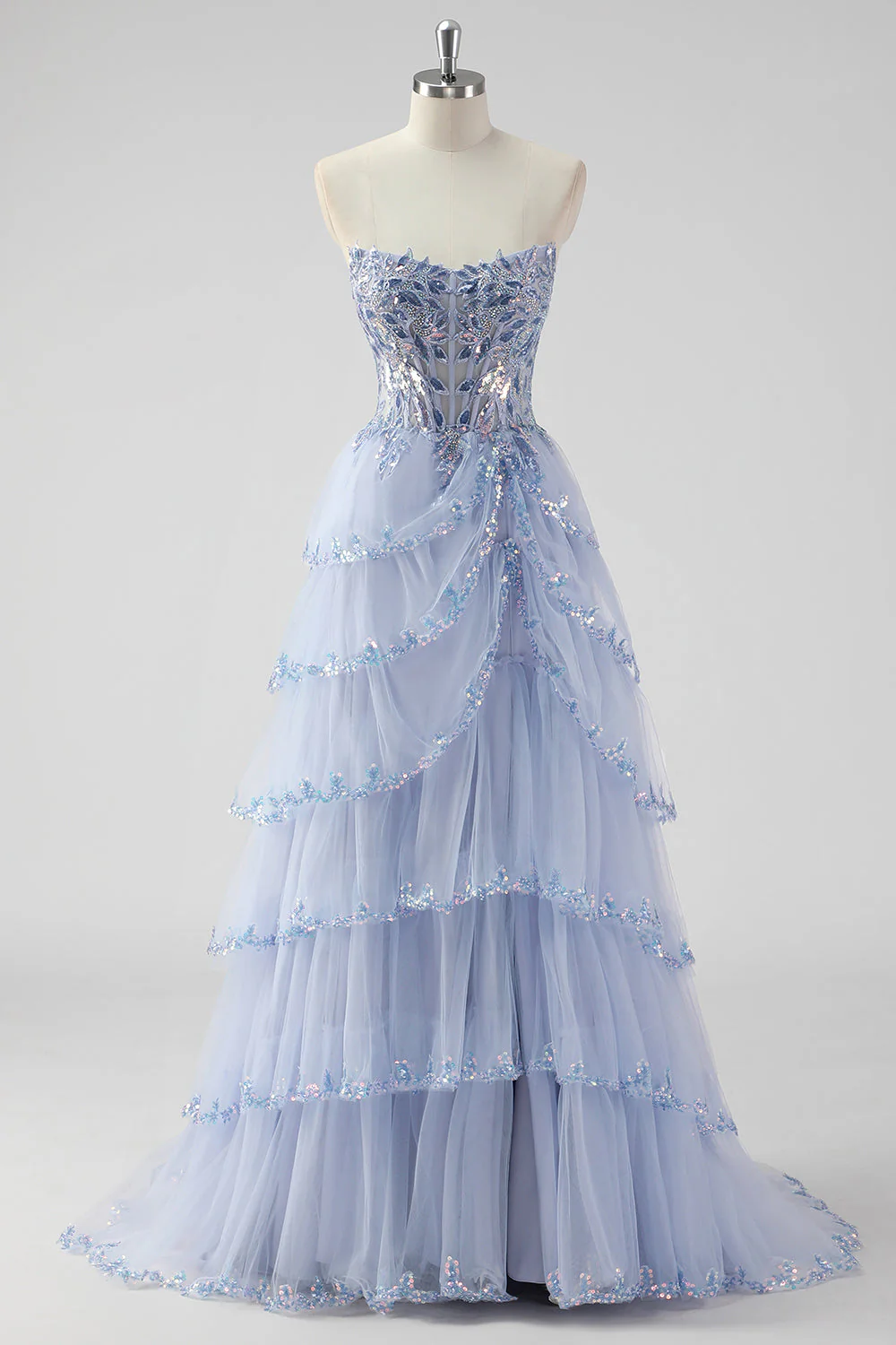 Robe de soirée lavande sans bretelles à paillettes avec corset et fente à plusieurs niveaux