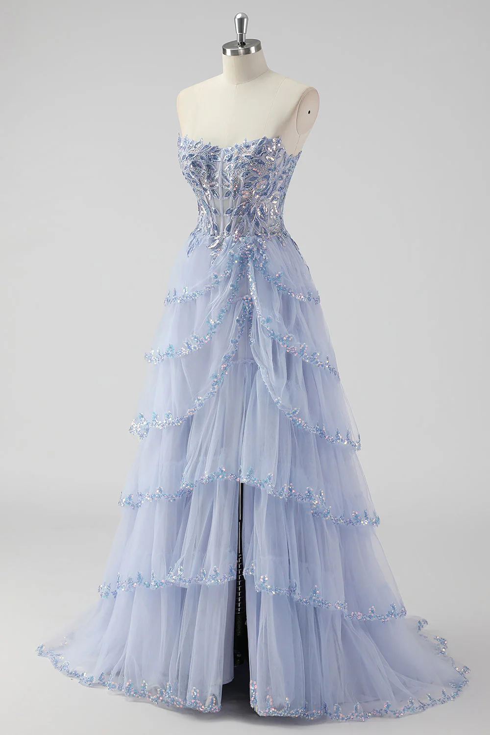 Robe de soirée lavande sans bretelles à paillettes avec corset et fente à plusieurs niveaux - Image 5