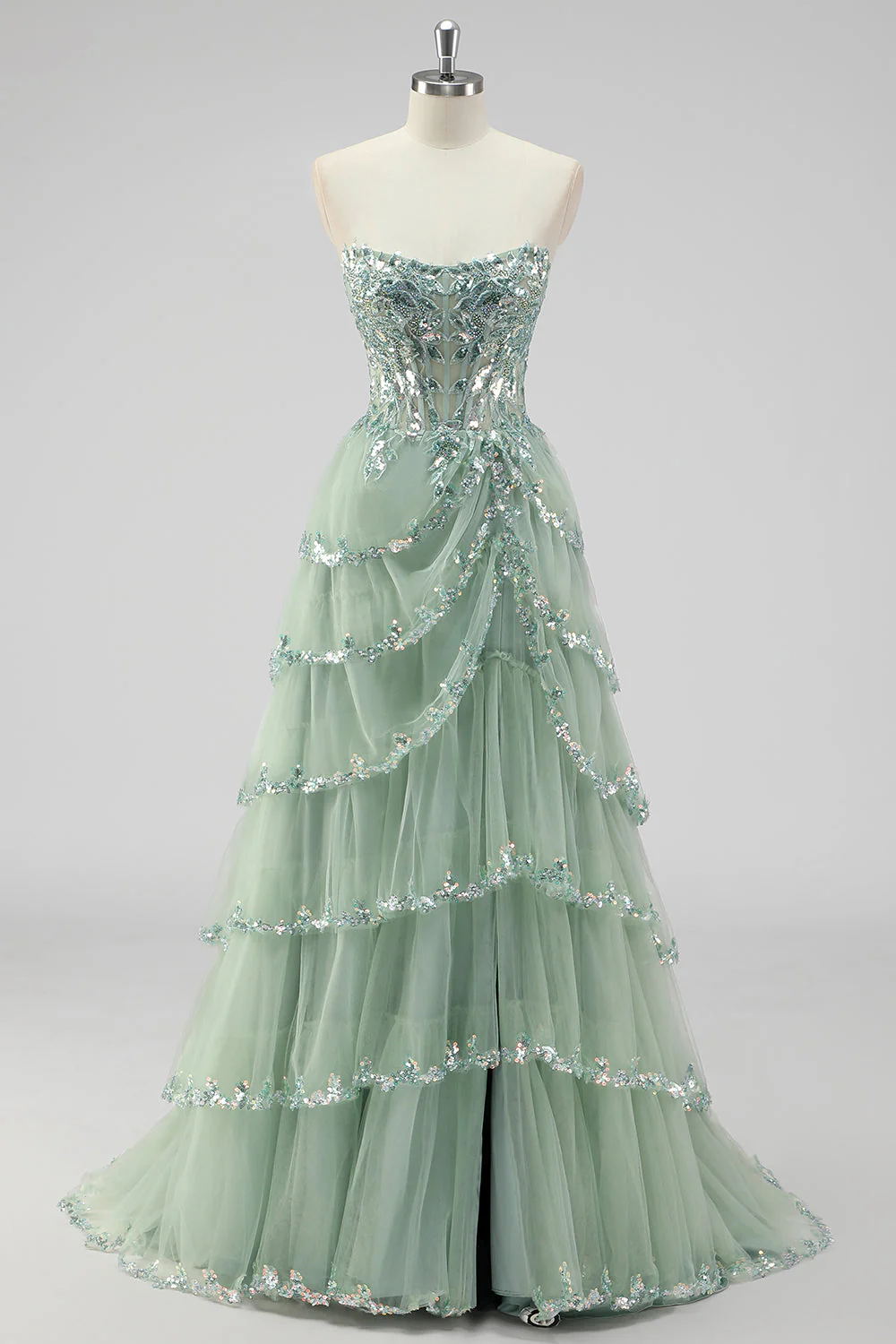 Robe de soirée lavande sans bretelles à paillettes avec corset et fente à plusieurs niveaux - Image 9