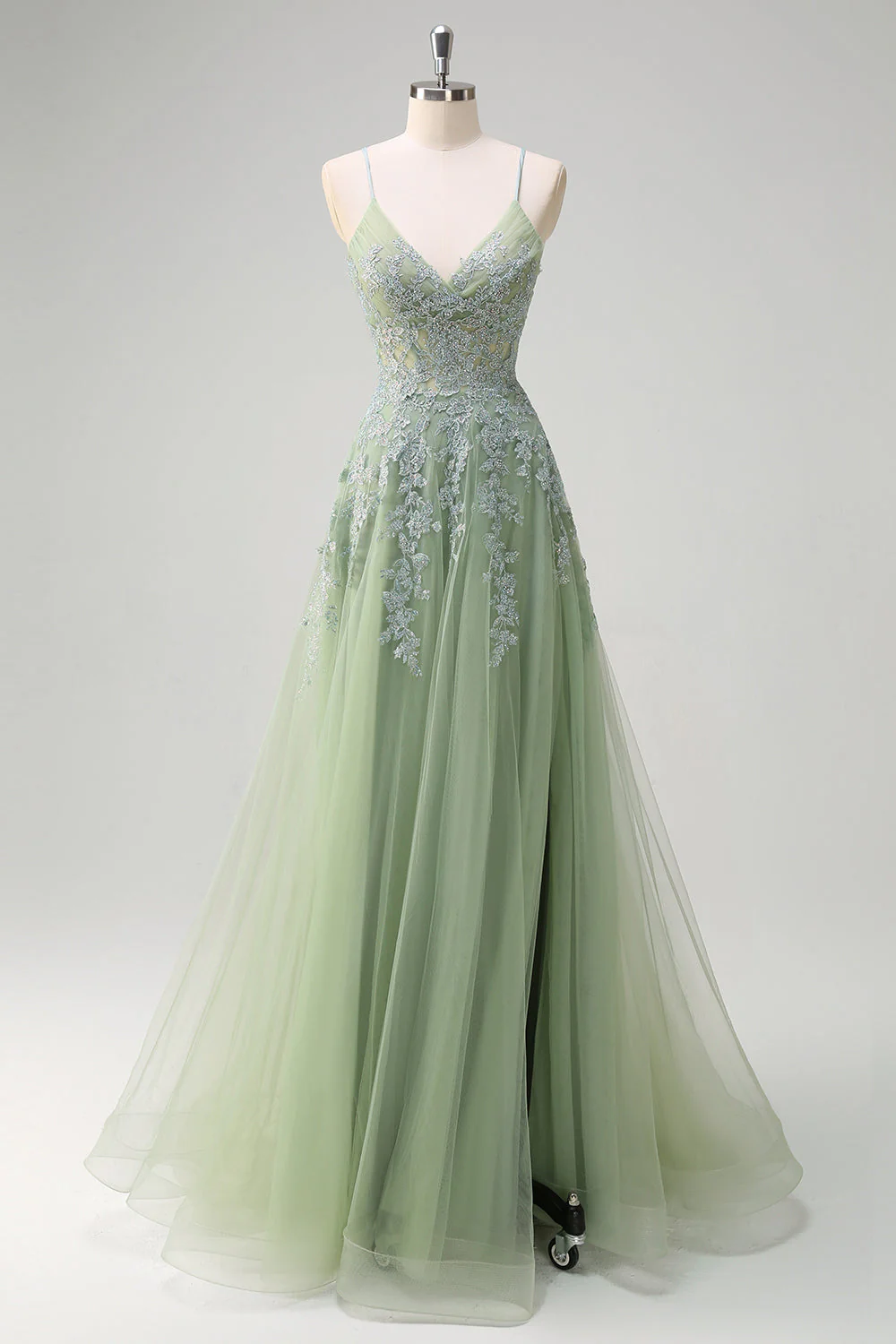 Lavande une ligne spaghetti bretelles Tulle perlé Robe de soirée avec fente - Image 11