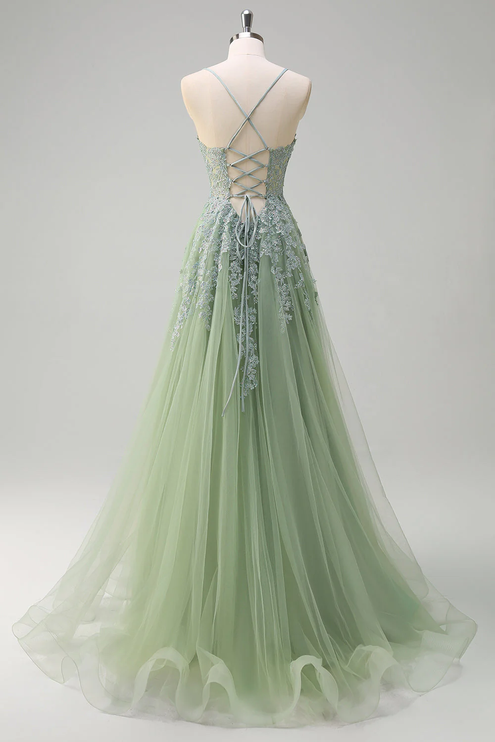Lavande une ligne spaghetti bretelles Tulle perlé Robe de soirée avec fente - Image 12