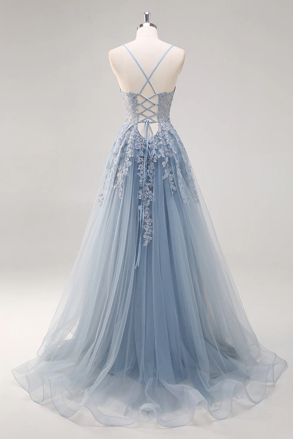 Lavande une ligne spaghetti bretelles Tulle perlé Robe de soirée avec fente - Image 13
