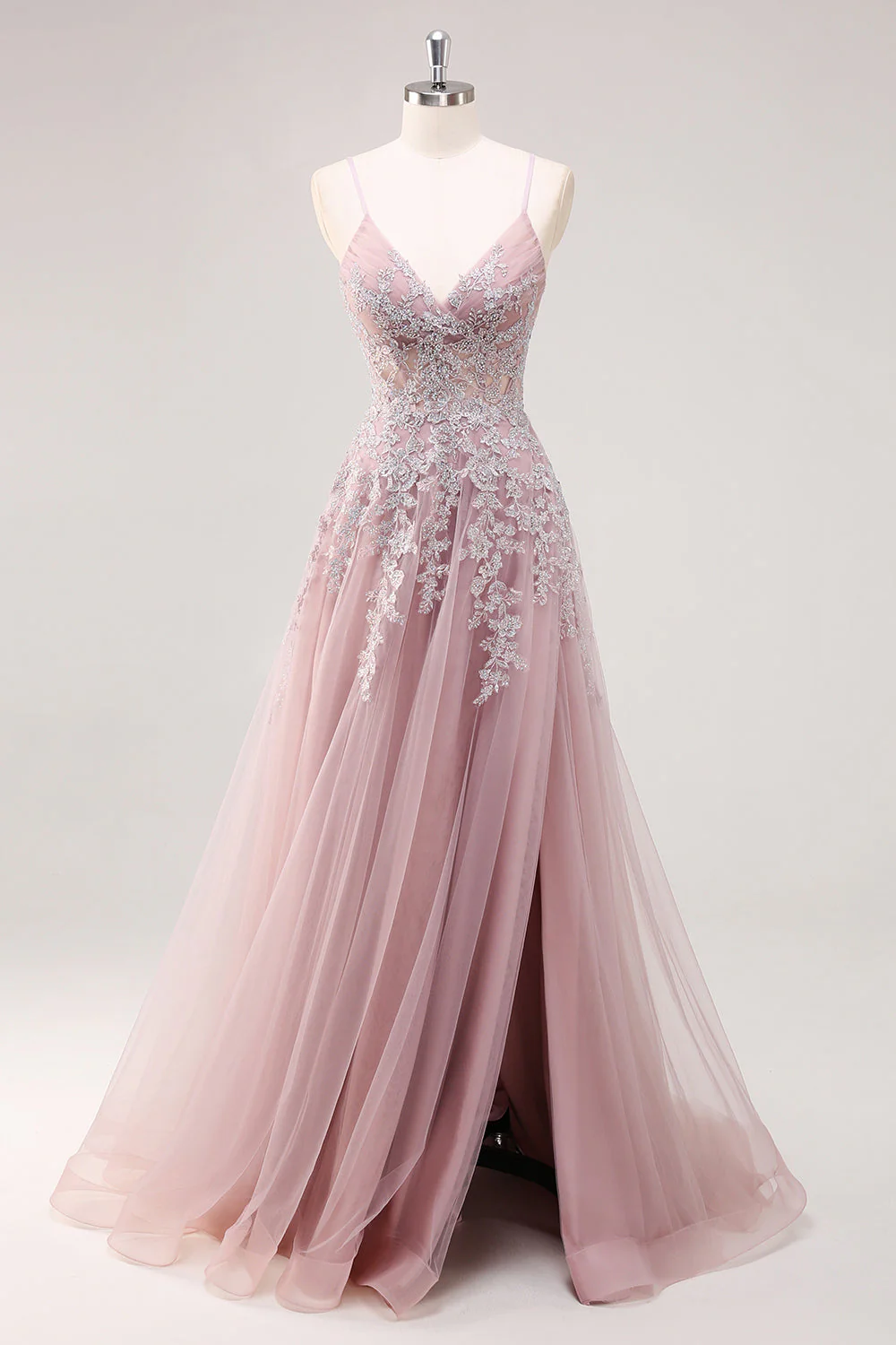Lavande une ligne spaghetti bretelles Tulle perlé Robe de soirée avec fente - Image 15
