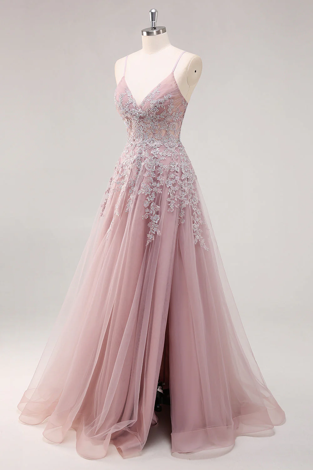 Lavande une ligne spaghetti bretelles Tulle perlé Robe de soirée avec fente - Image 17