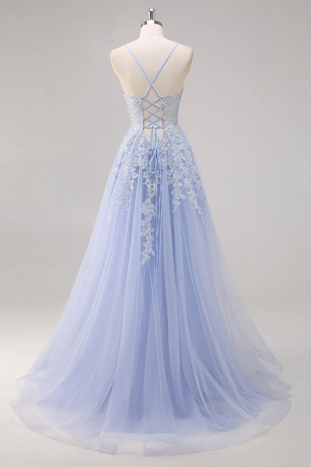 Lavande une ligne spaghetti bretelles Tulle perlé Robe de soirée avec fente - Image 2