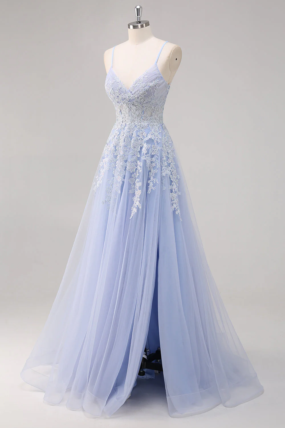Lavande une ligne spaghetti bretelles Tulle perlé Robe de soirée avec fente - Image 3