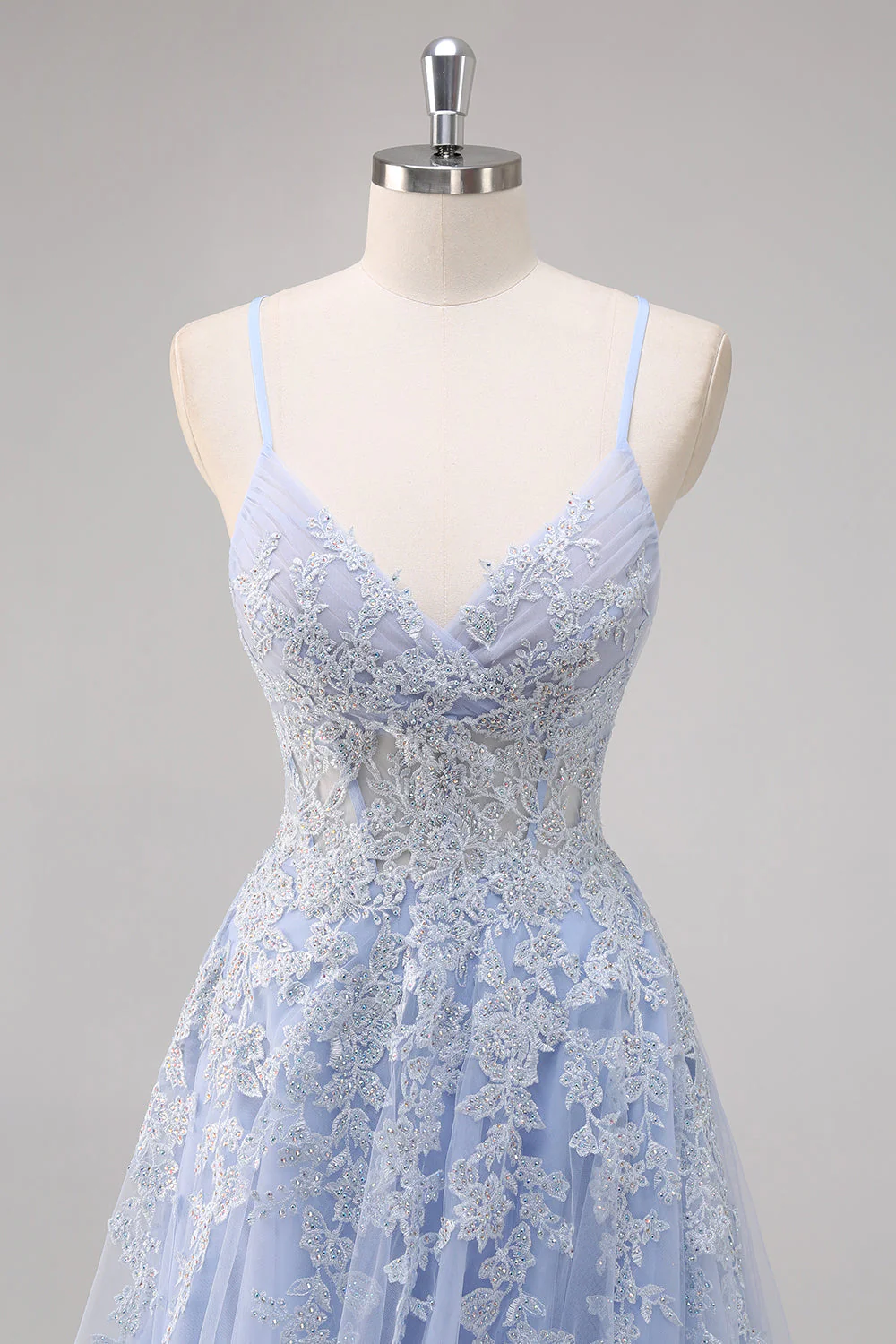 Lavande une ligne spaghetti bretelles Tulle perlé Robe de soirée avec fente - Image 4