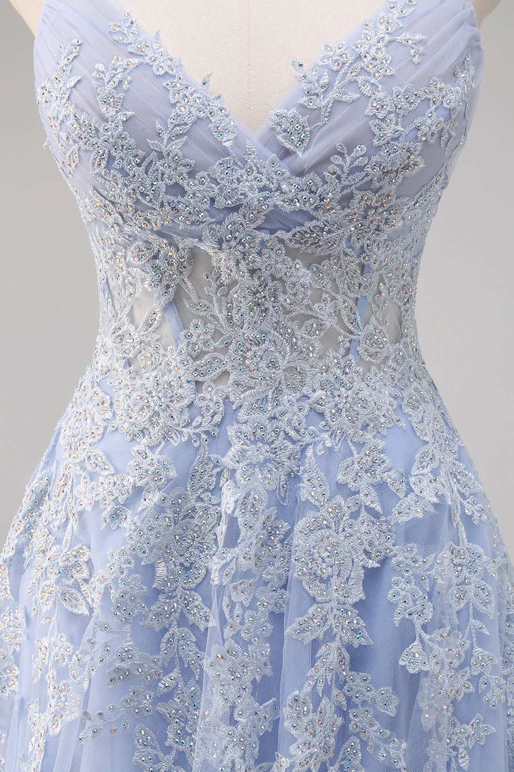 Lavande une ligne spaghetti bretelles Tulle perlé Robe de soirée avec fente - Image 7