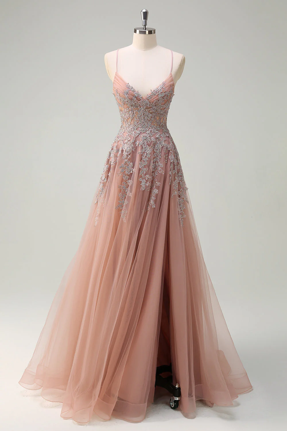 Lavande une ligne spaghetti bretelles Tulle perlé Robe de soirée avec fente - Image 9