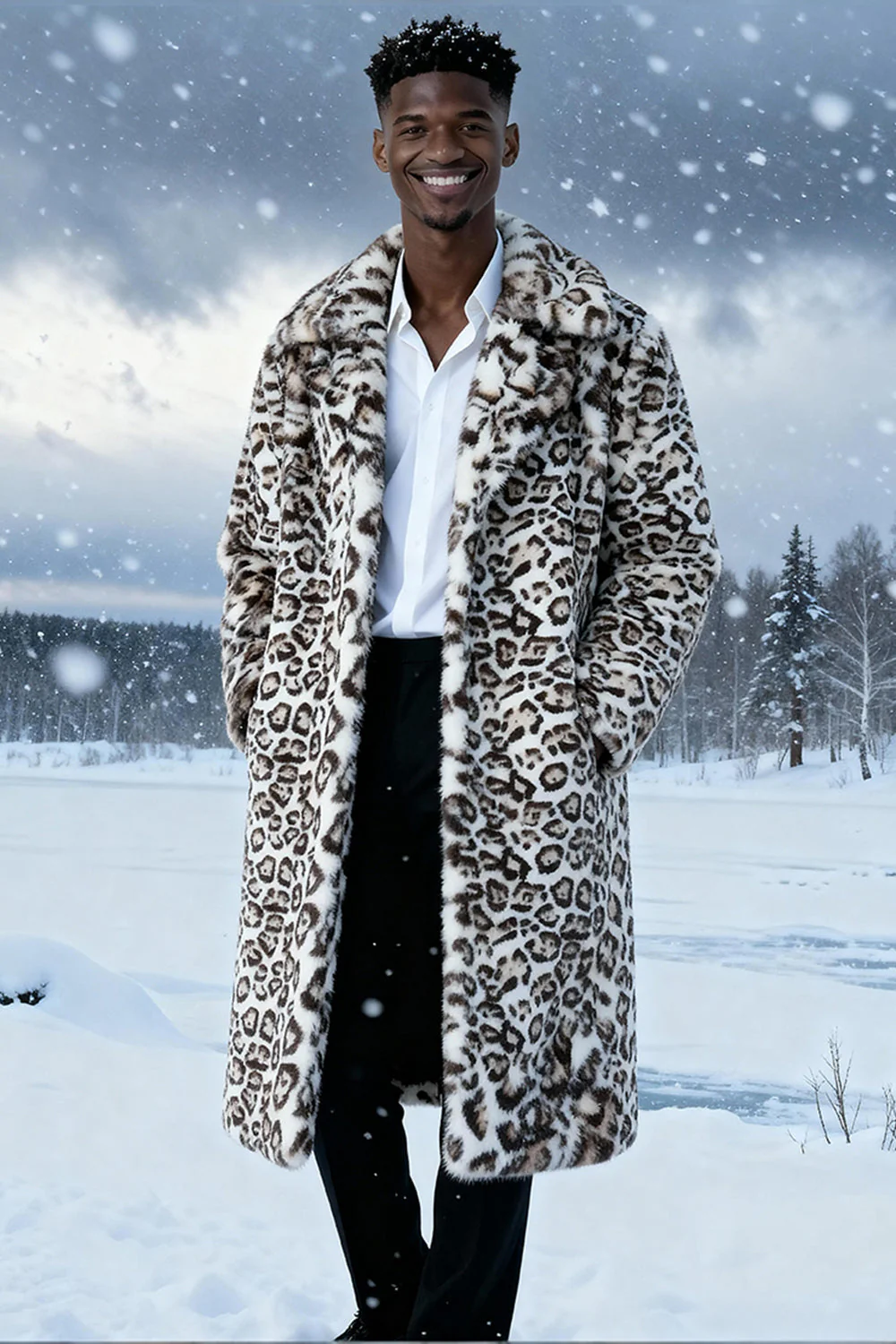 Léopard ivoire fausse fourrure Chaleur Manteau long pour hommes avec poches