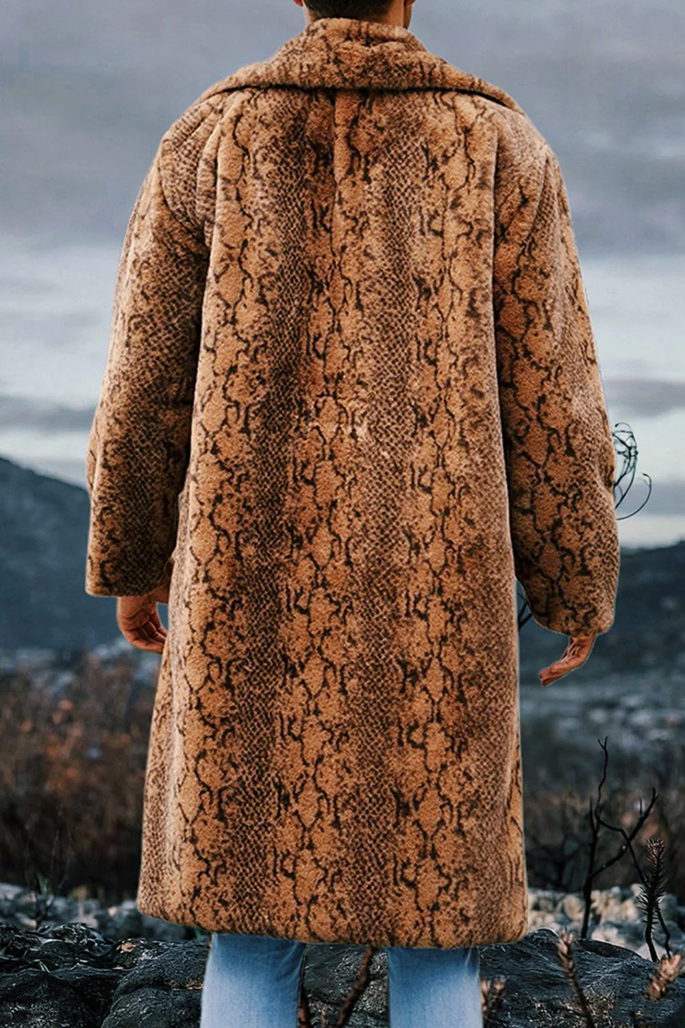 Léopard ivoire fausse fourrure Chaleur Manteau long pour hommes avec poches - Image 8