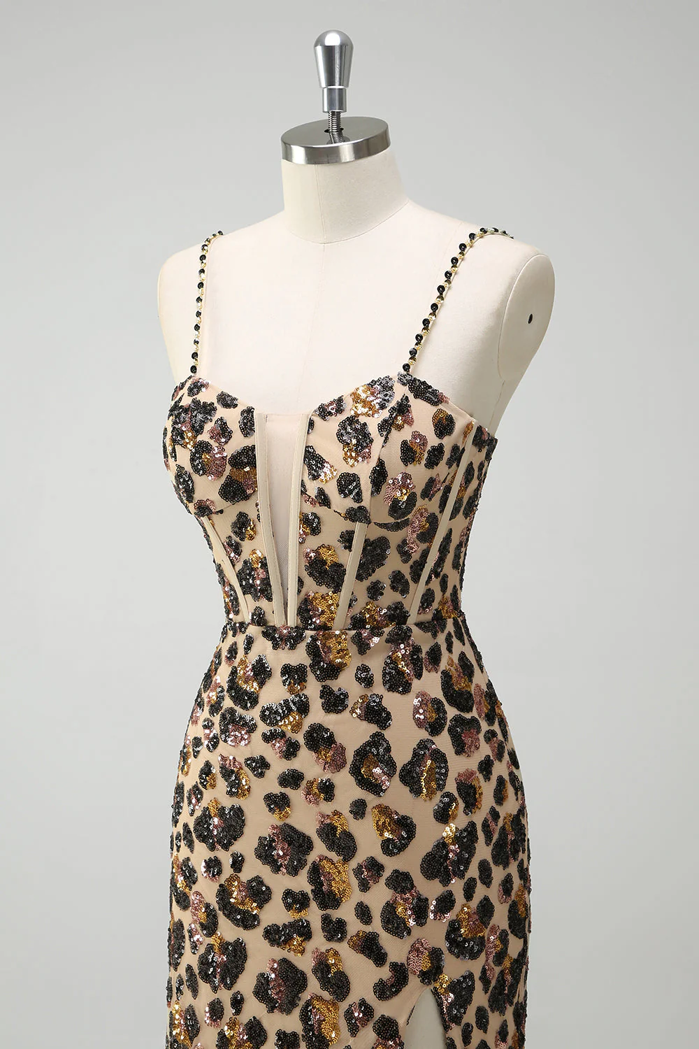 Léopard kaki à paillettes sirène spaghetti bretelles robe corset longue avec fente - Image 6